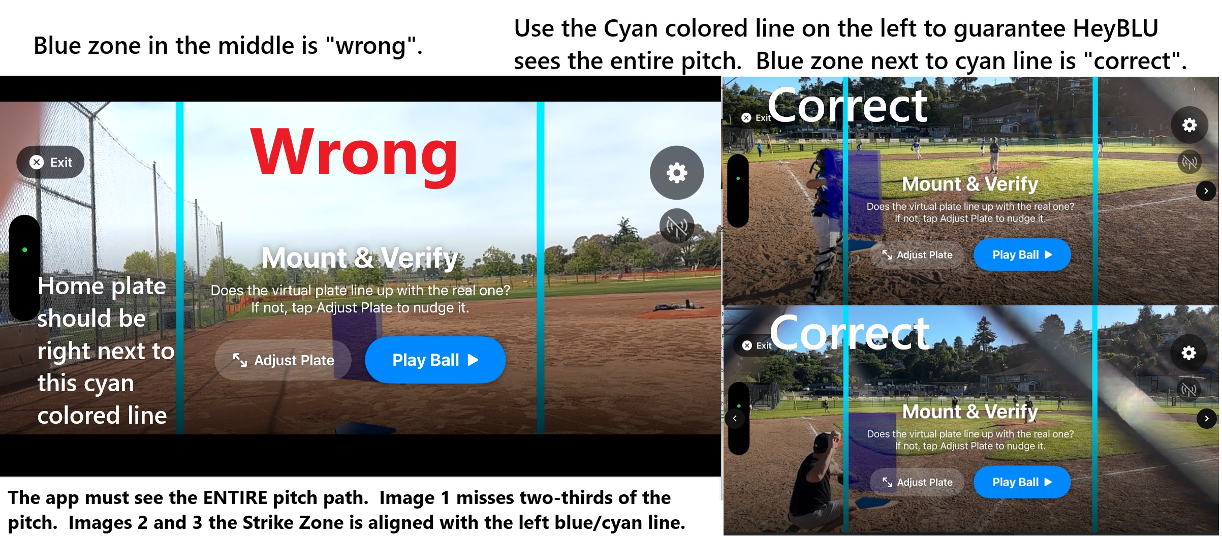 Wrong: zone centered between cyan lines. Correct: plate on the left cyan line, full path inside the guides.