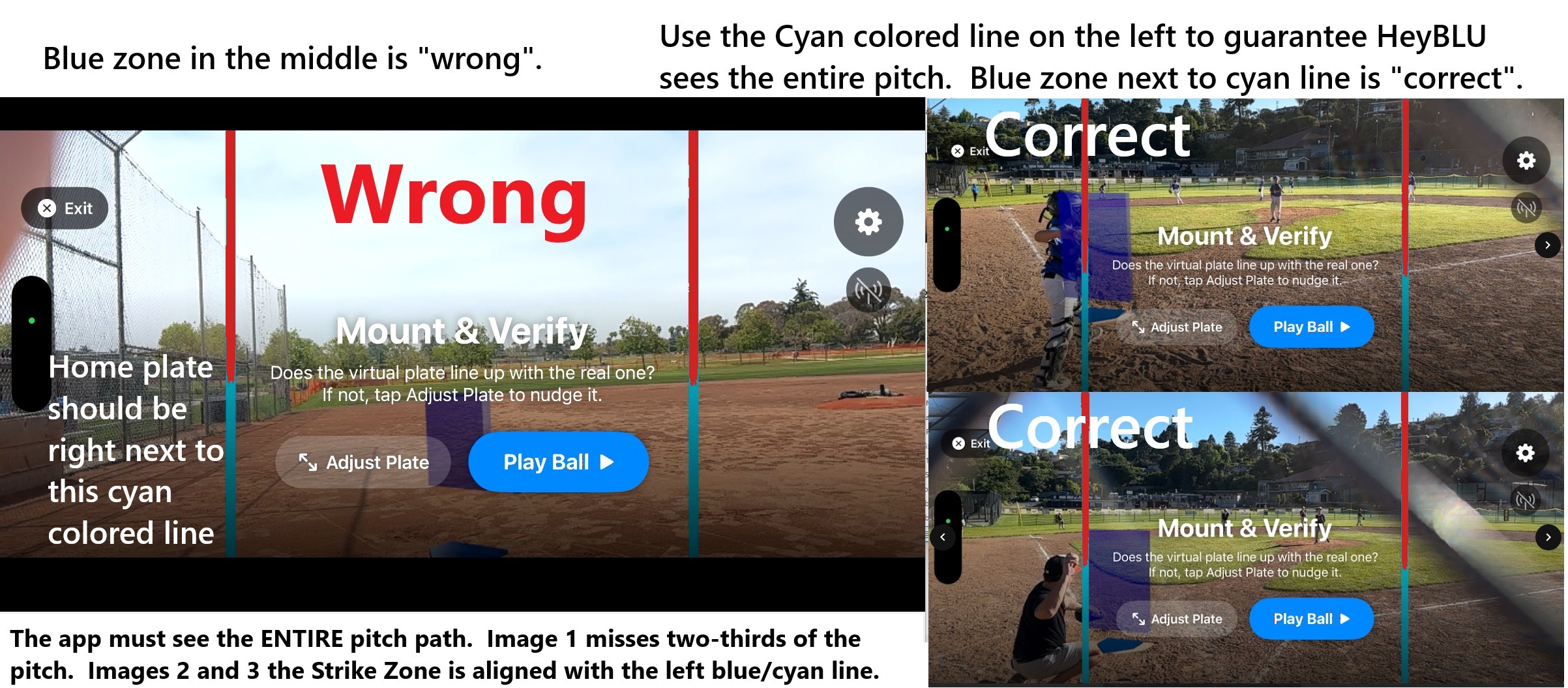 Wrong: zone centered between red ROI lines. Correct: plate on one red line and mound on the other, full pitch path inside the window.